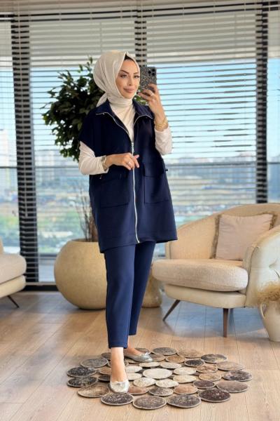 14382 Üst Yelekli Önü Cepli Takım Lacivert