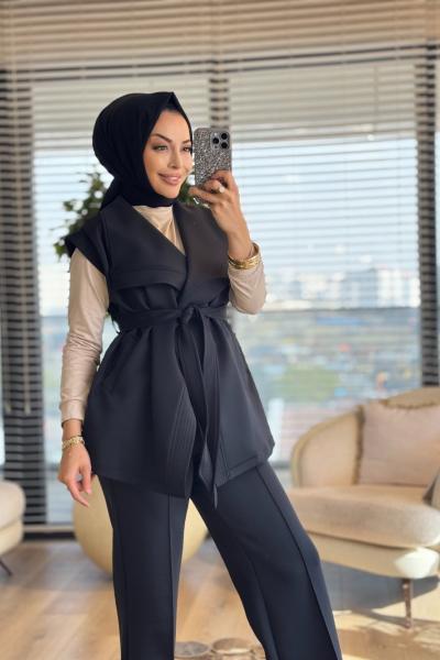 14398 Üst Yelek Yaka Ve Kolu Dikişli Takım Siyah