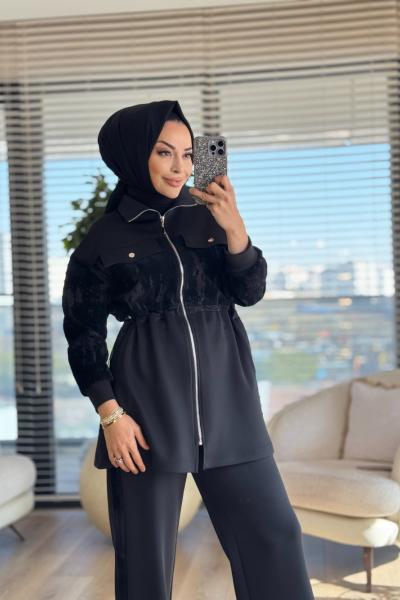 14400 Kol Ön Ve Pantolon Yanı Kadifeli Takım Siyah