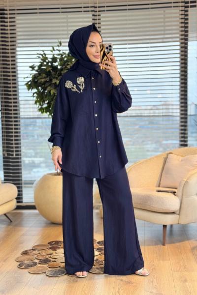 14435 Sol Göğüs Taş Lale Broşlu Takım Lacivert