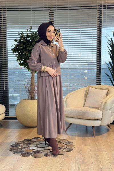 14436 Önü Cep Ve Fermuarlı Etekli Takım Vizon