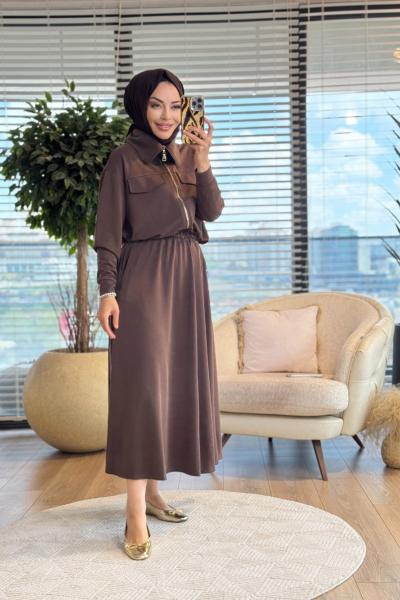 14440 Ön İki Cepli Fermuarlı Etekli Takım Kahve