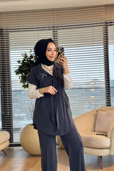 14454 Üst Yelek Ön Çıtçıtlı Broşlu Takım Siyah