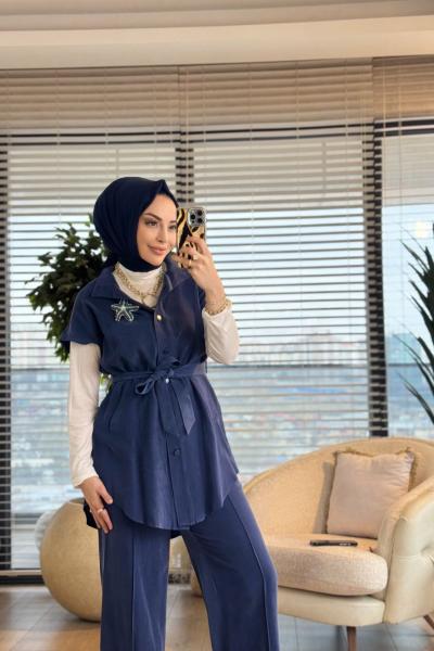 14454 Üst Yelek Ön Çıtçıtlı Broşlu Takım Lacivert