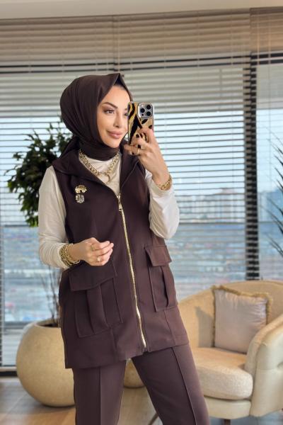 14463 Önü Cepli Ferm. Yelekli Takım Kahve