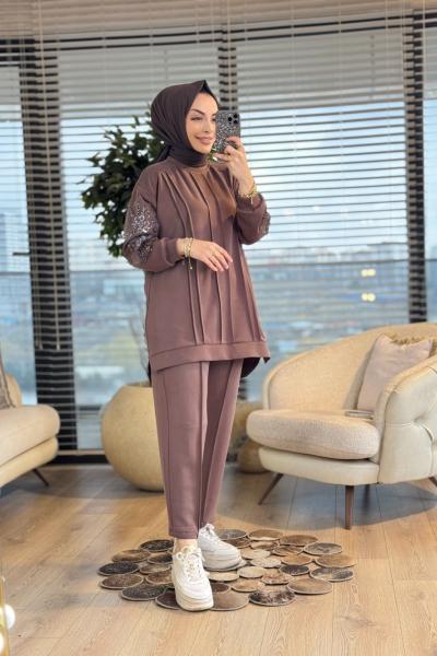 1447 Kolları Pul Payet İşlemeli Takım Kahve