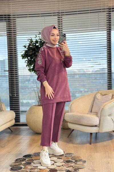 1448 Sol Omuz Ve Sağ Ön Taş İşli Takım Mürdüm