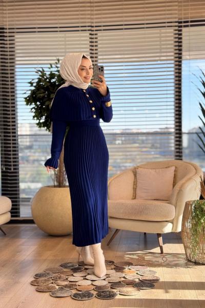 14502 Gold Düğmeli Triko Elbise 2li Takım Lacivert