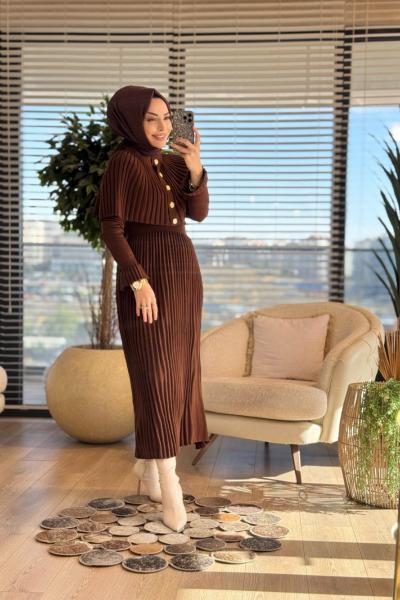 14502 Gold Düğmeli Triko Elbise 2li Takım Kahve
