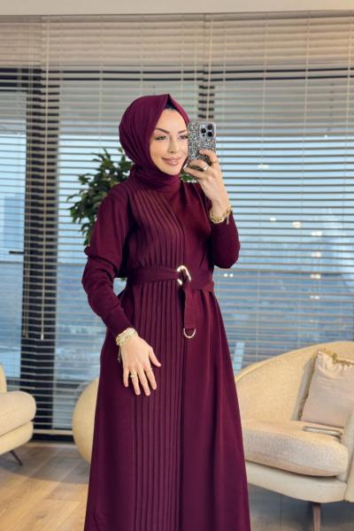 146 Sol Arka Ön Şeritli Triko Elbise Bordo