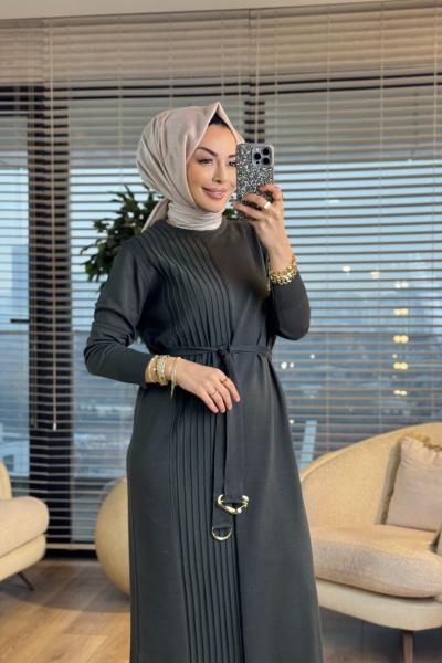 146 Sol Arka Ön Şeritli Triko Elbise Haki