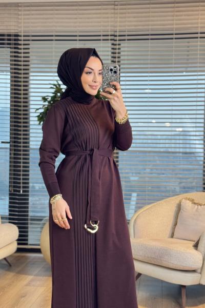 146 Sol Arka Ön Şeritli Triko Elbise Kahve