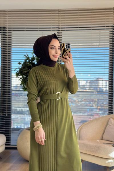 146 Sol Arka Ön Şeritli Triko Elbise Yeşil