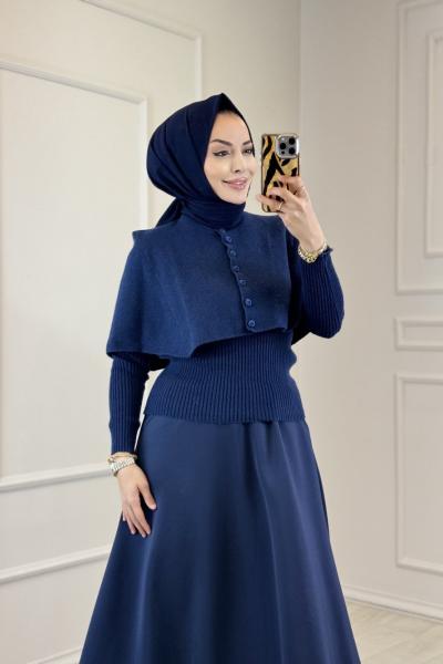 146037 Düğmeli Triko Panço İkili Bluz Takım Lacivert