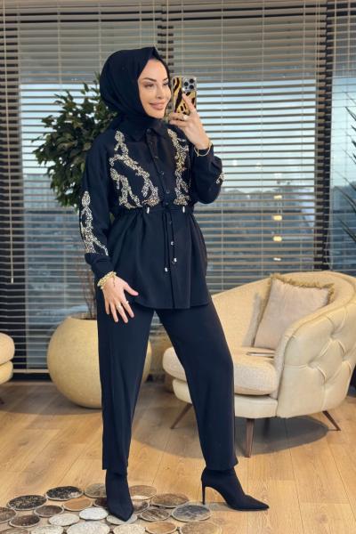 1490 Ön Kolu Boncuk İşlemeli Takım Siyah