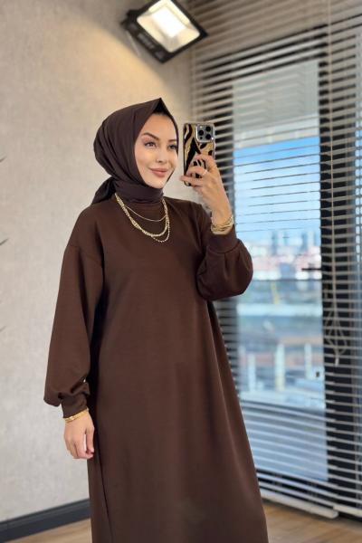 1506 Kolu Manşetli Osyho Elbise Kahve