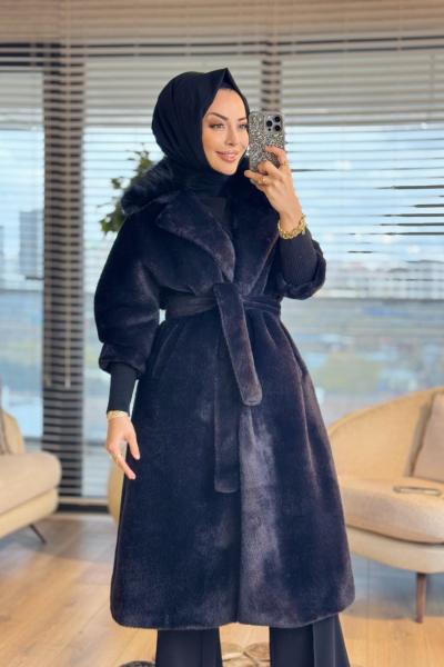 15229 Angora Yakası Kürklü Uzun Kaban Siyah