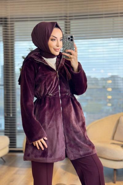 15236 Angora Beli Lastikli Kapşonlu Fermuarlı kaban Mürdüm