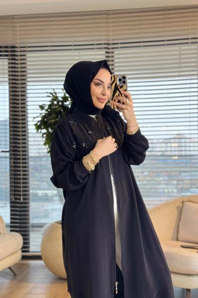 15253 Ön Taş Çiçek İşleme Cepli Fermuarlı Kap Siyah