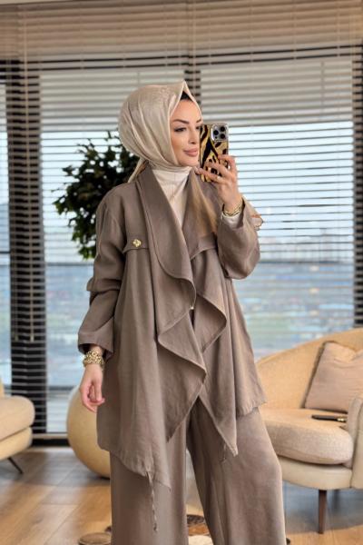 19267 Şal Yaka Büyük Beden Takım Vizon