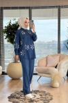 2008 Serpme Yaprak Nakışlı Tencel Gömlek Koyu Mavi