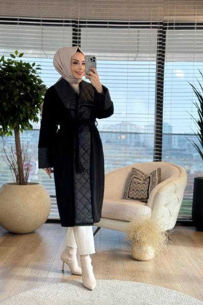 20111 Patı Ve Kol Ucu Baklava Dikişli Kaban Siyah