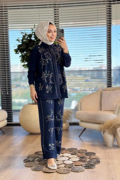 2020 Ön Boncuk Dal Ve Çiçek İşleme Gömlek Lacivert