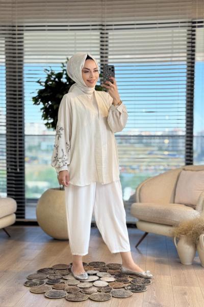 2021 Keten Kol Arka Boncuk İşleme Kap Bej