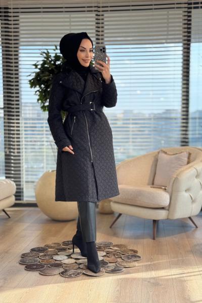 20212 Kendinden Desenli Fermuarlı Kaban Siyah