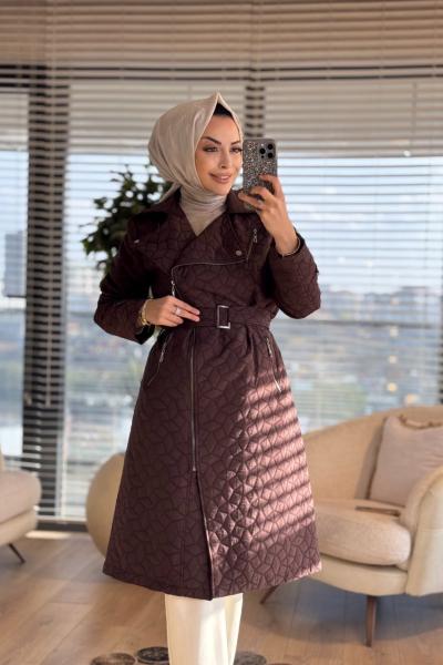 20212 Kendinden Desenli Fermuarlı Kaban Kahve