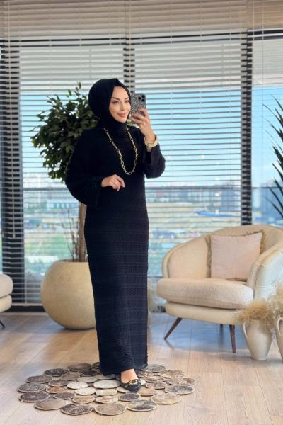 2027 Üç Sıra V Motif Örgülü Triko Elbise Siyah