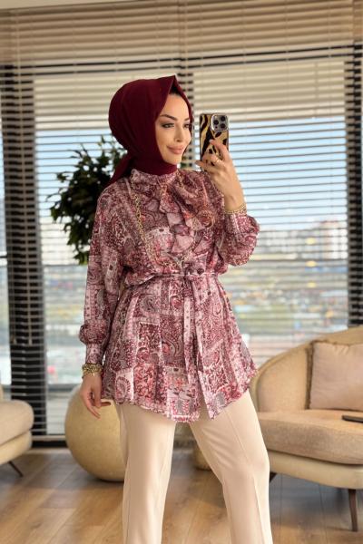 2033-1 Kumsal Pano Desen Tunik Bordo