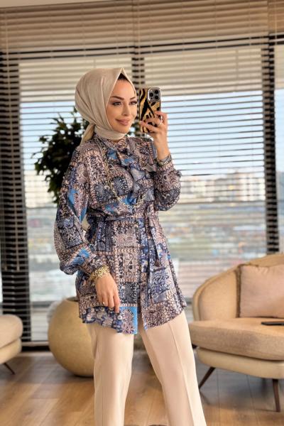 2033-1 Kumsal Pano Desen Tunik Lacivert