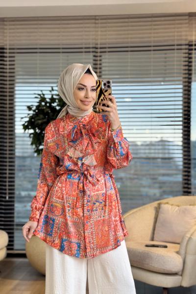 2033-1 Kumsal Pano Desen Tunik Oranj