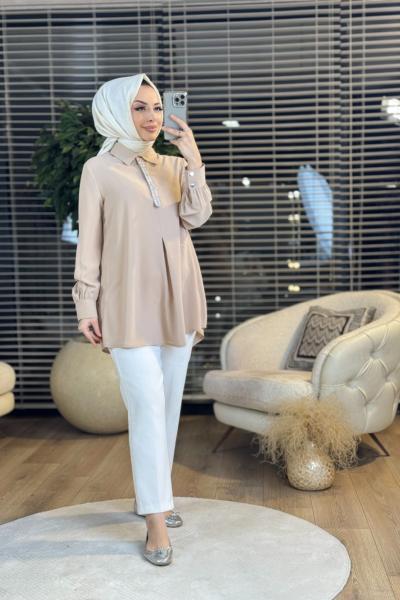 2039 Patı Taş Baskılı Gömlek Bej