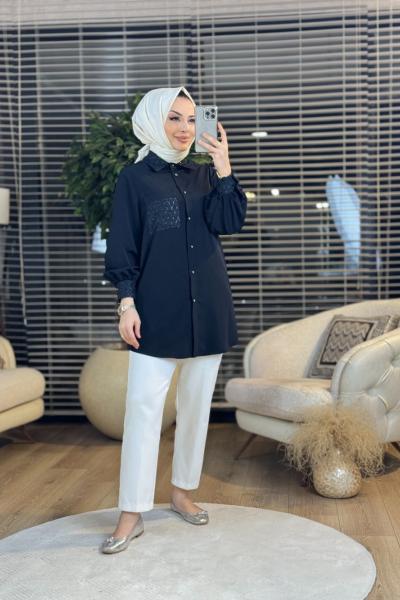 2060 Yaka Manşet Sim Kumaşlı Gömlek Siyah