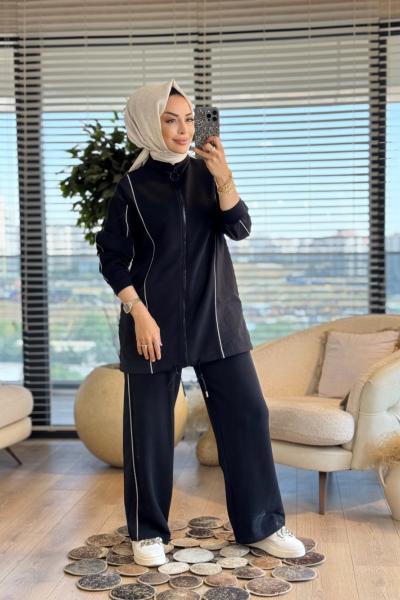 20601 Ön Kol Pantolon Yanı Parçalı Takım Siyah