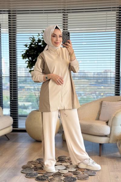 20601 Ön Kol Pantolon Yanı Parçalı Takım Bej