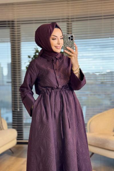 20713 Kendinden Geometrik Desenli Elbise Mürdüm