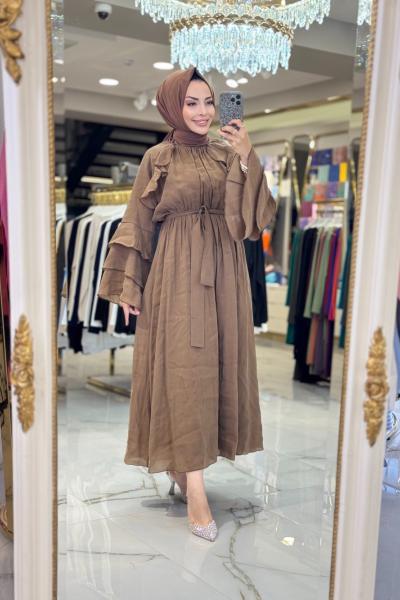 20717 Ön Kol Fırfırlı Elbise Kahve
