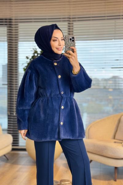 20723 Angora Yakasız Ön Metal Düğmeli Kaban Lacivert