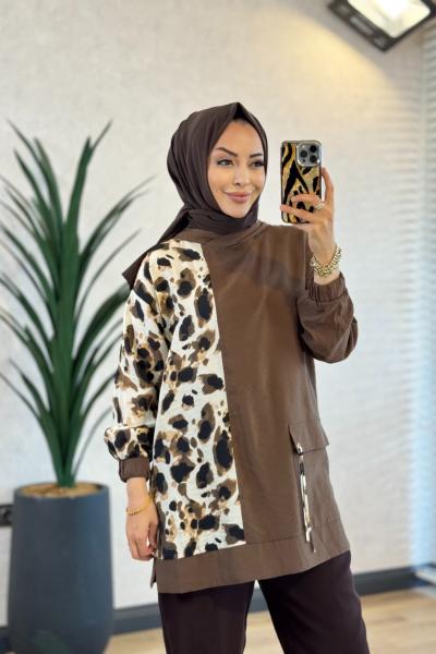 2101 Sol Taraf Leopar Desenli Tunik Kahverengi