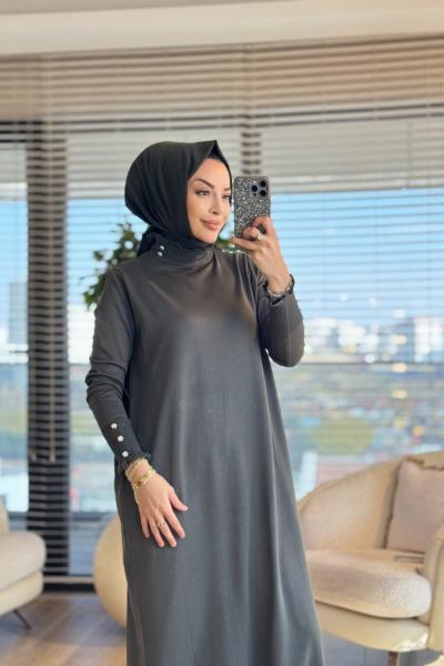 211 Yaka Manşet Fırfırlı Triko Elbise Haki