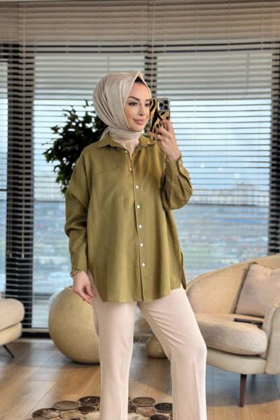 2126 Mess Keten Gömlek Yağ Yeşili