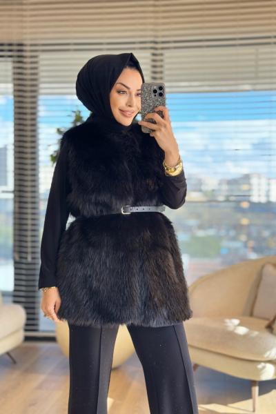 2205 Peluş Kemerli Yelek Siyah