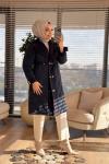 2208-1 Kapitone Kaşe Garnili Uzun Kaban Lacivert
