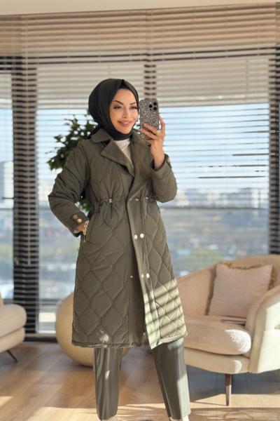 2208-1 Kapitone Kaşe Garnili Uzun Kaban Haki