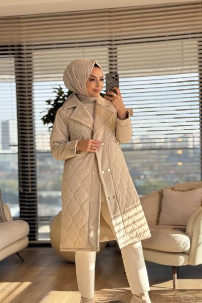 2208-1 Kapitone Kaşe Garnili Uzun Kaban Taş