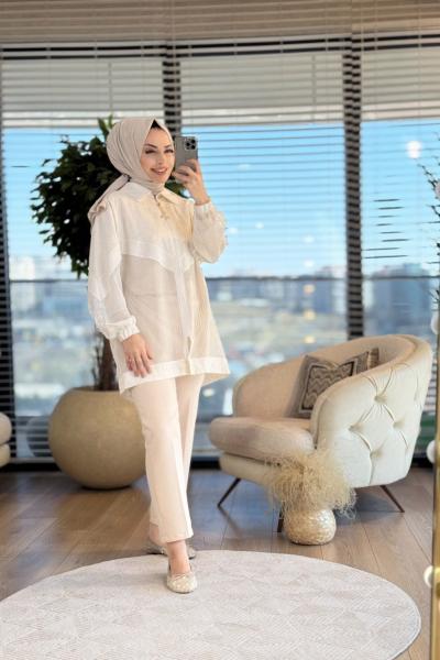 2235 Altı File Üstü Keten Nakışlı Fermuarlı Gömlek Ekru