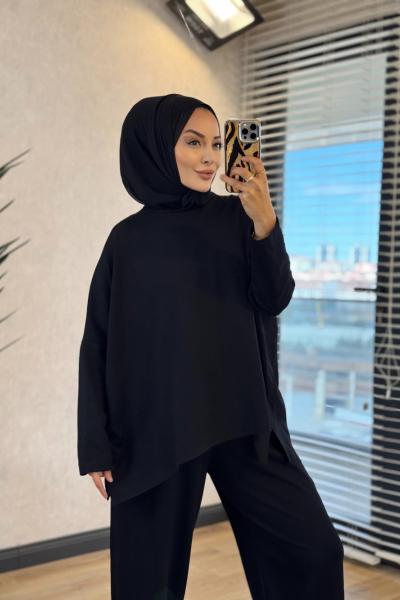 22743 Ön Kısa Arka Uzun Bluzlu Takım Siyah
